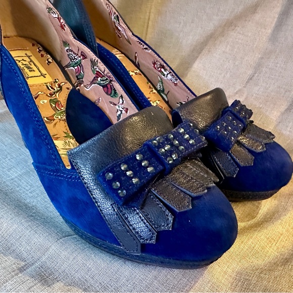 MISS L FIRE Delano 41 (10 - 10.5) navy blue suede leather loafer heel pumps bows - Picture 3 of 13